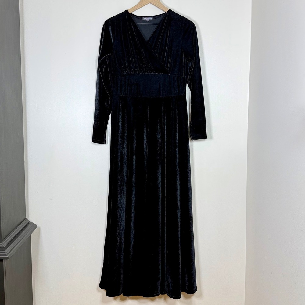 Womens Black Velvet Maxi Dress Size M Long Sleeve Empire Waist Whimsigoth Witchy